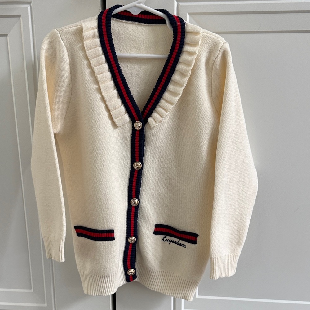 Cream Cardigan with Navy & Red Trim